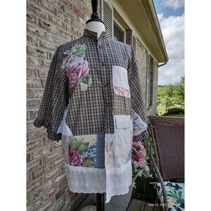 Custom Reworked Shirt Magnolia Patchwork Flower Applique Tunic Refashion Ooak